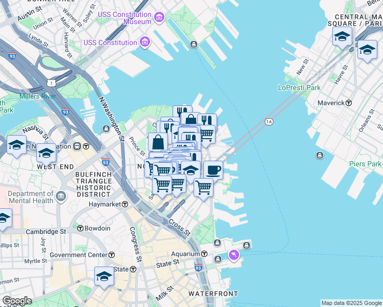 map of restaurants, bars, coffee shops, grocery stores, and more near 7 Powers Court in Boston