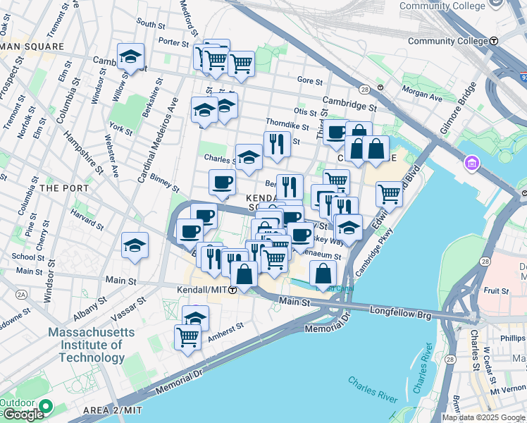 map of restaurants, bars, coffee shops, grocery stores, and more near 195 Binney Street in Cambridge