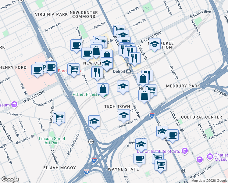 map of restaurants, bars, coffee shops, grocery stores, and more near 6200 2nd Avenue in Detroit