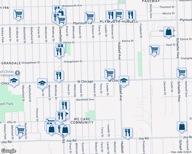 map of restaurants, bars, coffee shops, grocery stores, and more near 9526 Robson Street in Detroit