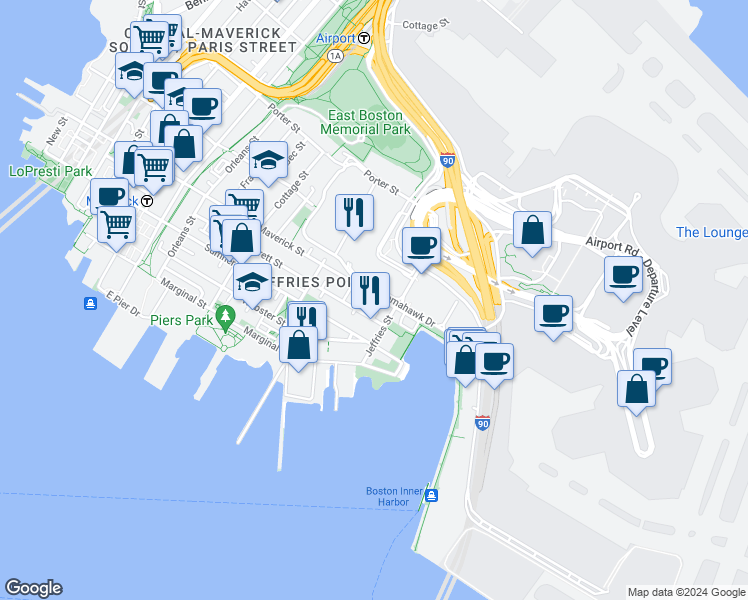 map of restaurants, bars, coffee shops, grocery stores, and more near 375 Maverick Street in Boston