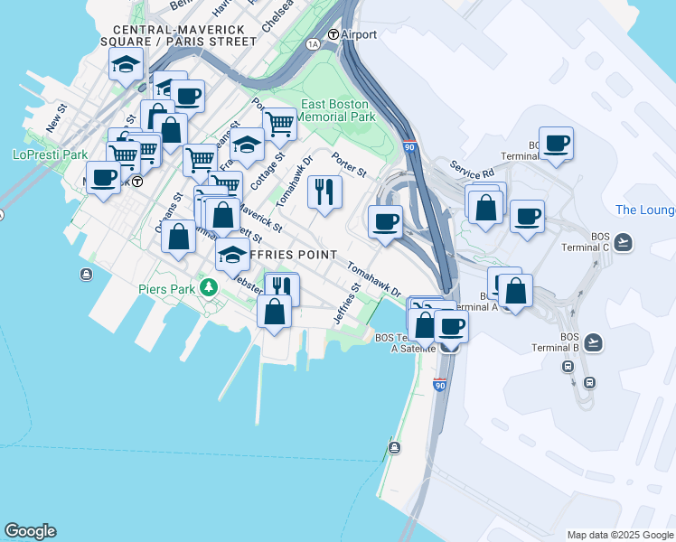 map of restaurants, bars, coffee shops, grocery stores, and more near 375 Maverick Street in Boston
