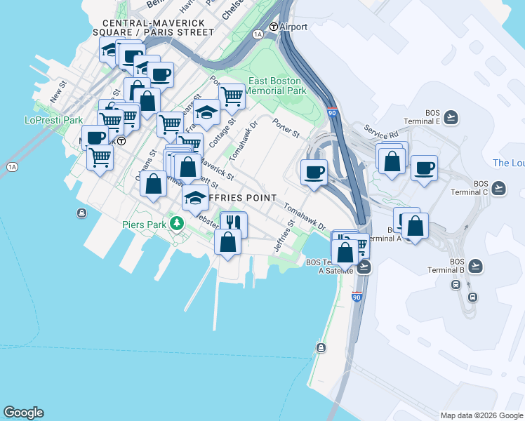 map of restaurants, bars, coffee shops, grocery stores, and more near 206 Everett Street in Boston