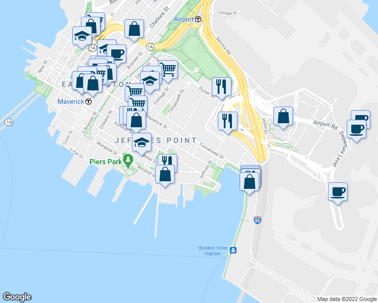 map of restaurants, bars, coffee shops, grocery stores, and more near 210 Everett Street in Boston
