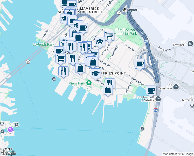 map of restaurants, bars, coffee shops, grocery stores, and more near 141 Webster Street in Boston