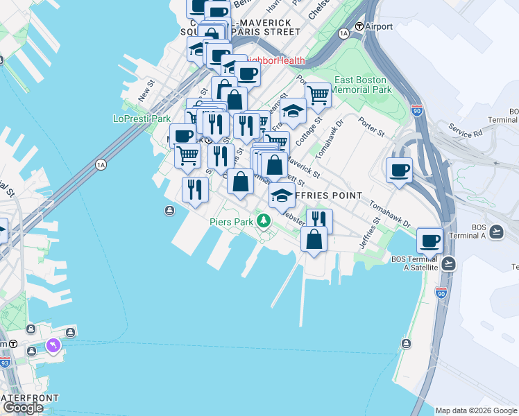 map of restaurants, bars, coffee shops, grocery stores, and more near 110A Marginal Street in Boston