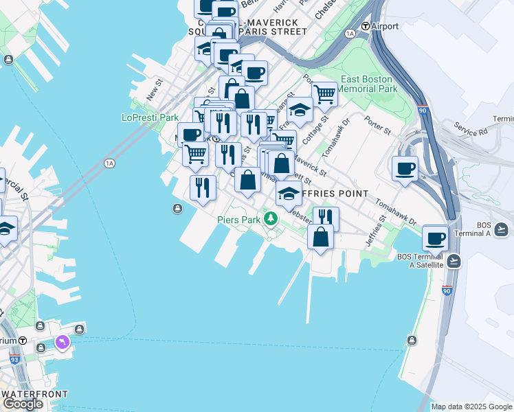 map of restaurants, bars, coffee shops, grocery stores, and more near 110A Marginal Street in Boston