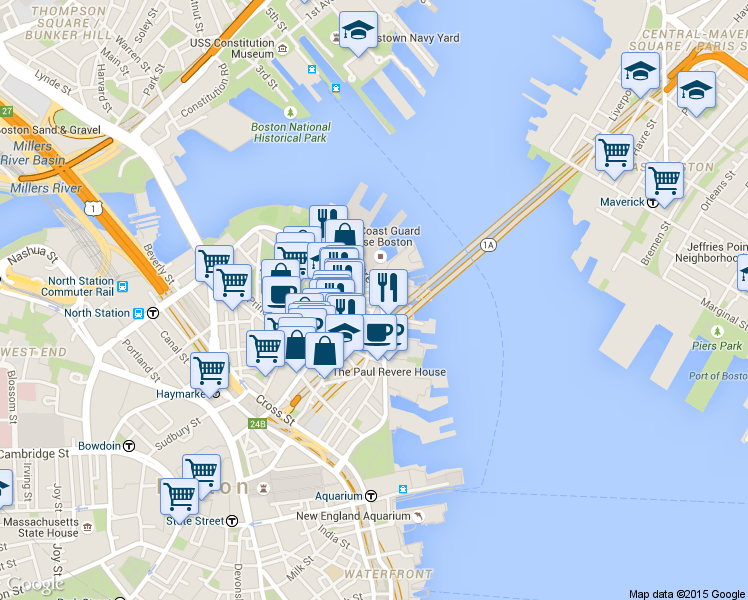 map of restaurants, bars, coffee shops, grocery stores, and more near 7 Powers Court in Boston