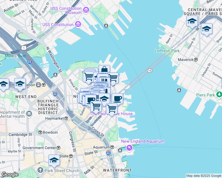 map of restaurants, bars, coffee shops, grocery stores, and more near 7 Powers Court in Boston