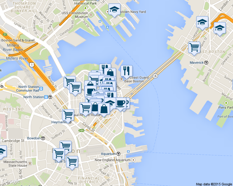 map of restaurants, bars, coffee shops, grocery stores, and more near 7 Powers Court in Boston
