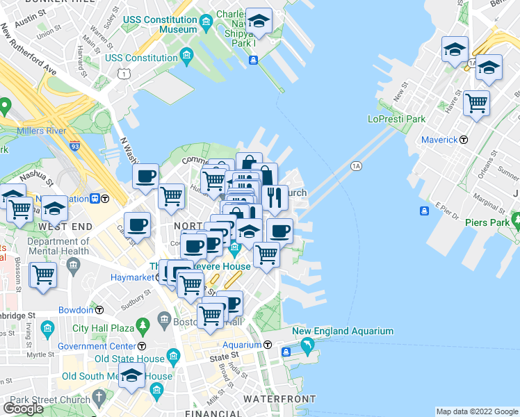 map of restaurants, bars, coffee shops, grocery stores, and more near 7 Powers Court in Boston