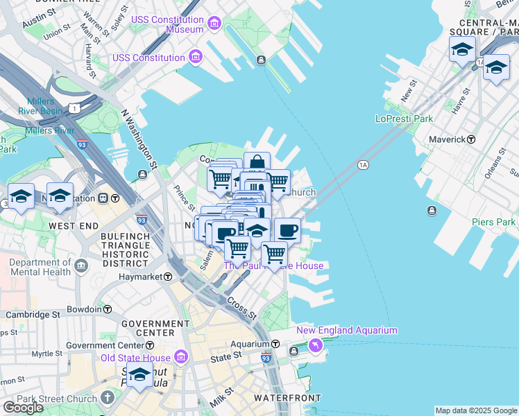 map of restaurants, bars, coffee shops, grocery stores, and more near 7 Powers Court in Boston