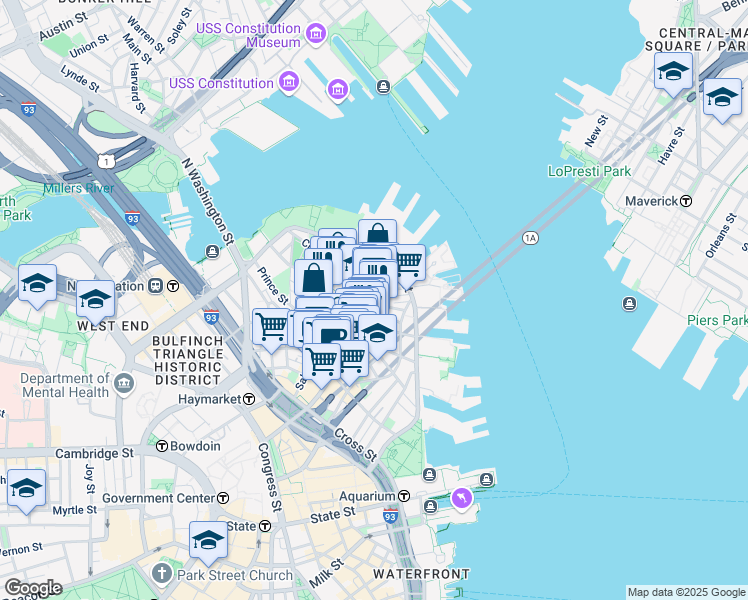 map of restaurants, bars, coffee shops, grocery stores, and more near 4 Charter Street in Boston