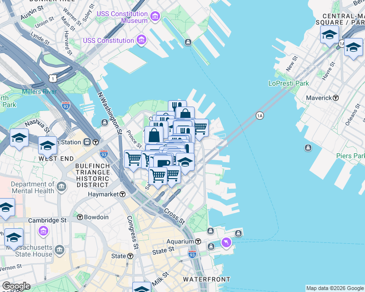 map of restaurants, bars, coffee shops, grocery stores, and more near in Boston