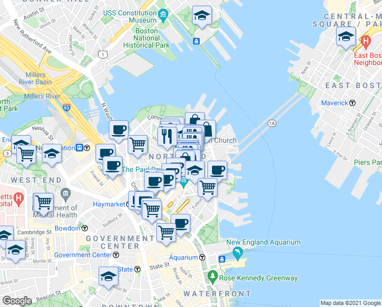 map of restaurants, bars, coffee shops, grocery stores, and more near 4 Charter Street in Boston