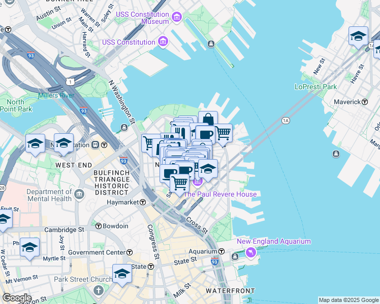 map of restaurants, bars, coffee shops, grocery stores, and more near in Boston