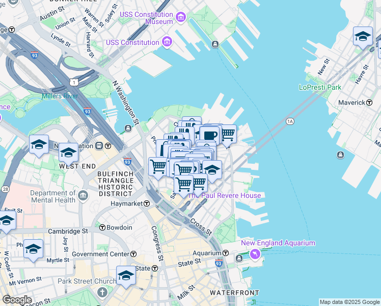 map of restaurants, bars, coffee shops, grocery stores, and more near in Boston