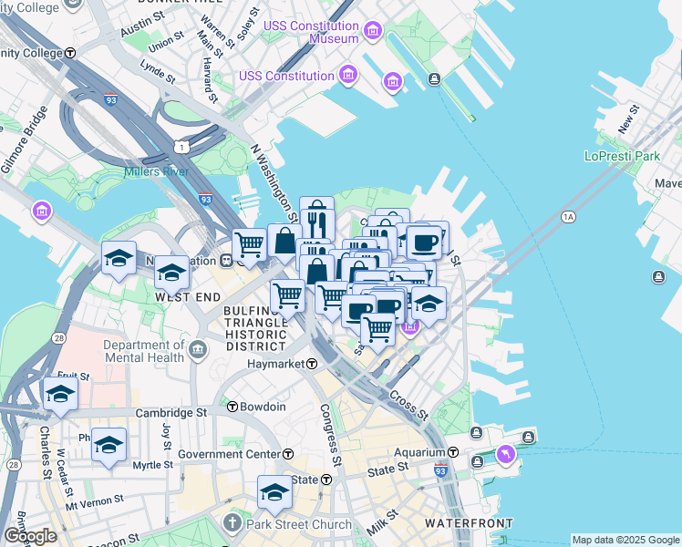 map of restaurants, bars, coffee shops, grocery stores, and more near 3 Snow Hill Street in Boston