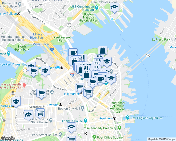 map of restaurants, bars, coffee shops, grocery stores, and more near 3 Snow Hill Street in Boston