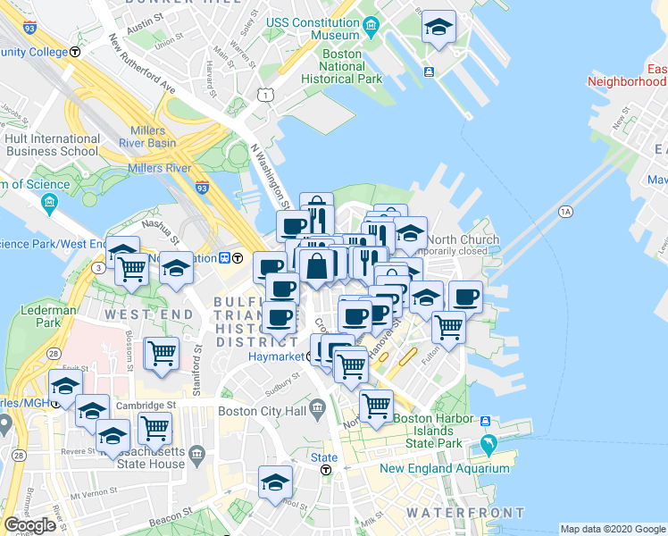 map of restaurants, bars, coffee shops, grocery stores, and more near 3 Snow Hill Street in Boston