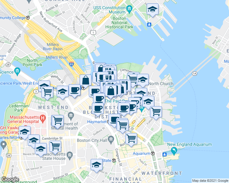 map of restaurants, bars, coffee shops, grocery stores, and more near 7 Endicott Court in Boston