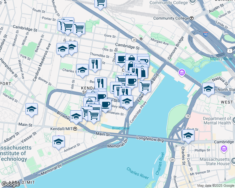 map of restaurants, bars, coffee shops, grocery stores, and more near 60 Rogers Street in Cambridge