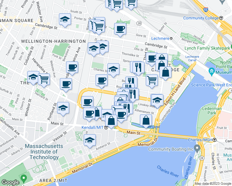 map of restaurants, bars, coffee shops, grocery stores, and more near 195 Binney Street in Cambridge