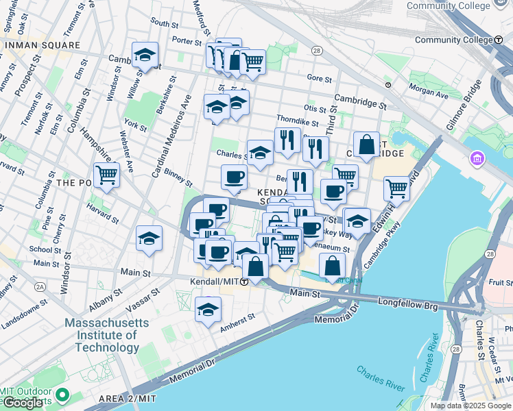 map of restaurants, bars, coffee shops, grocery stores, and more near 220 Binney Street in Cambridge