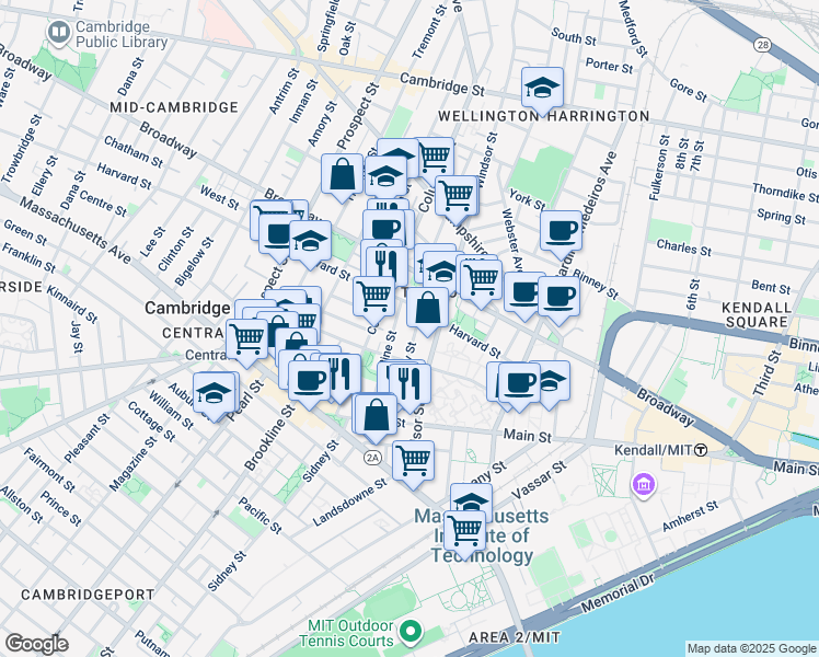 map of restaurants, bars, coffee shops, grocery stores, and more near 151R Cherry Street in Cambridge