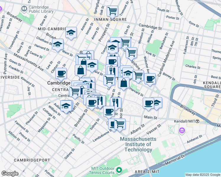 map of restaurants, bars, coffee shops, grocery stores, and more near in Cambridge