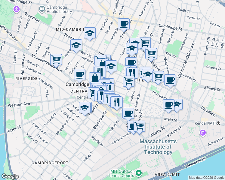 map of restaurants, bars, coffee shops, grocery stores, and more near 385 Washington Street in Cambridge