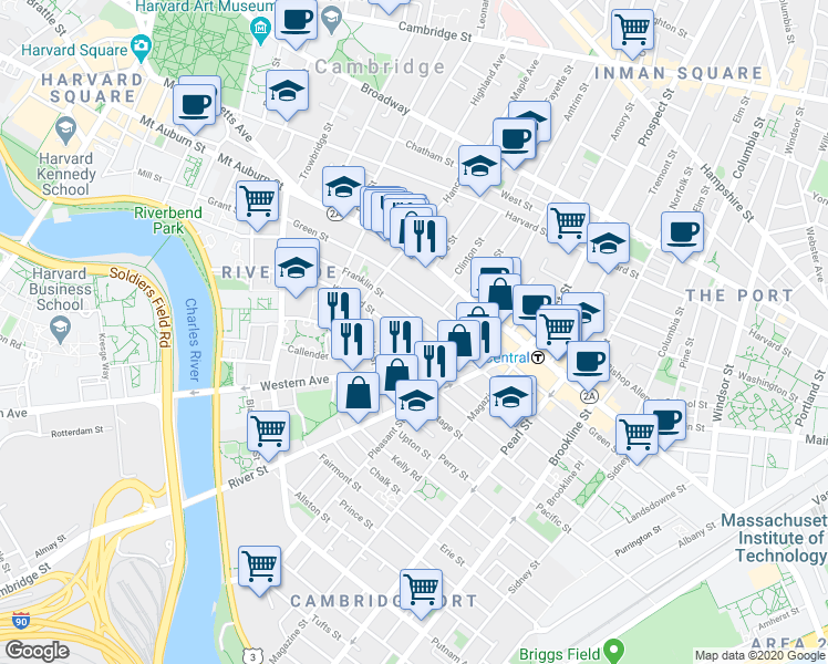 map of restaurants, bars, coffee shops, grocery stores, and more near in Cambridge
