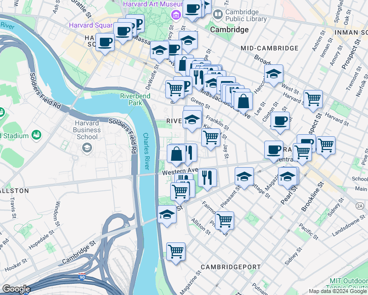 map of restaurants, bars, coffee shops, grocery stores, and more near in Cambridge
