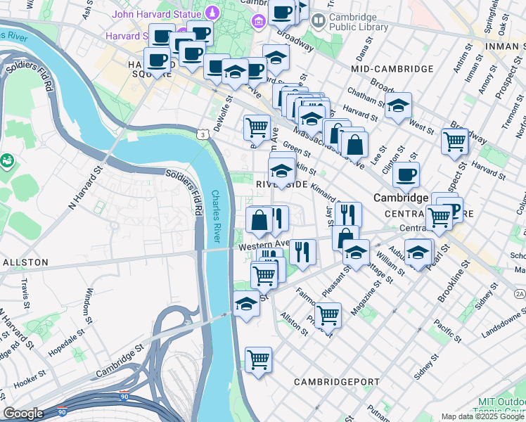 map of restaurants, bars, coffee shops, grocery stores, and more near in Cambridge