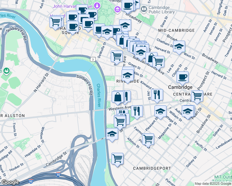 map of restaurants, bars, coffee shops, grocery stores, and more near 30 Peabody Terrace in Cambridge