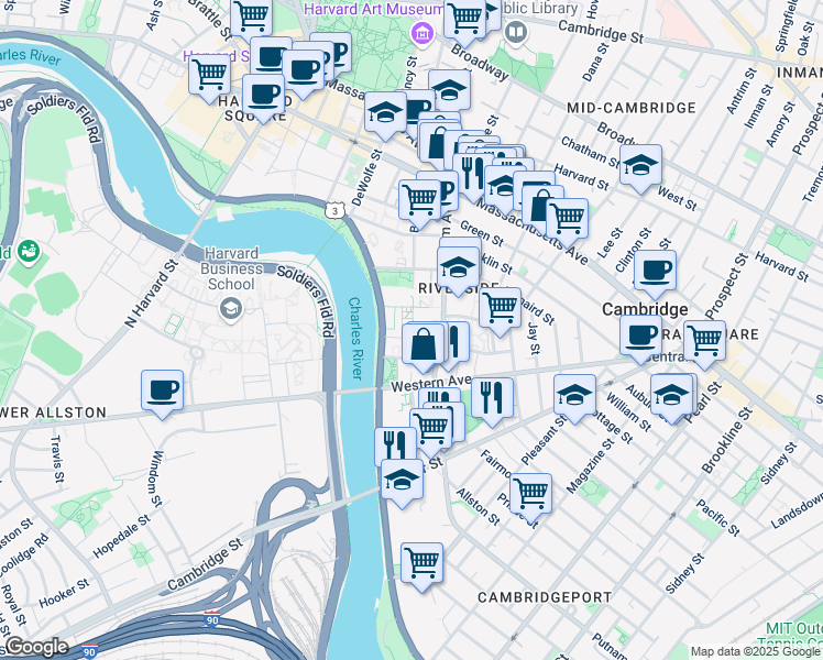 map of restaurants, bars, coffee shops, grocery stores, and more near 31 Peabody Terrace in Cambridge