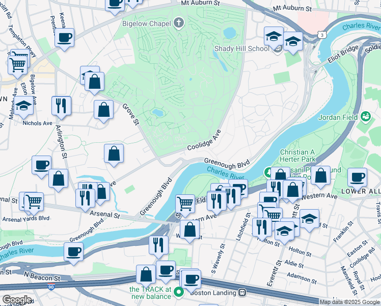 map of restaurants, bars, coffee shops, grocery stores, and more near 225 Coolidge Avenue in Watertown