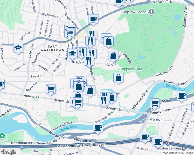 map of restaurants, bars, coffee shops, grocery stores, and more near 26 Berkeley Street in Watertown