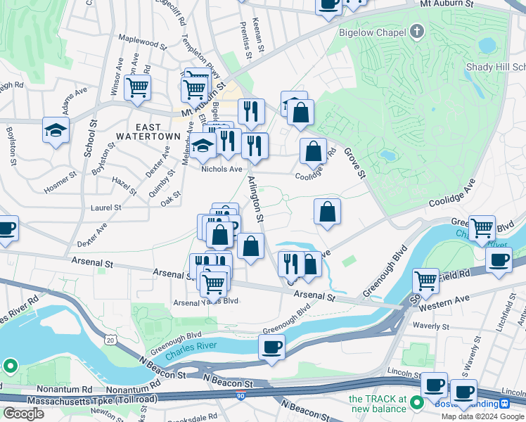 map of restaurants, bars, coffee shops, grocery stores, and more near 104 Arlington Street in Watertown