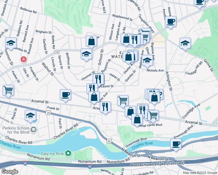 map of restaurants, bars, coffee shops, grocery stores, and more near 29 Laurel Street in Watertown