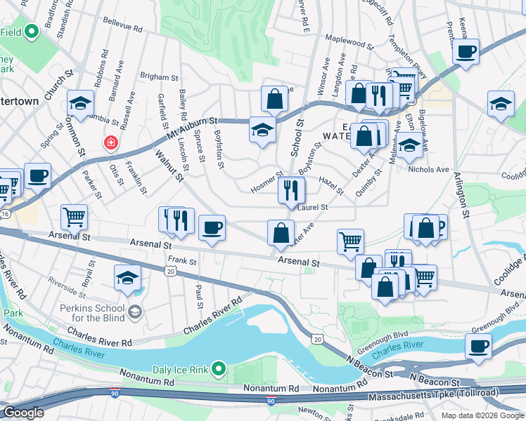 map of restaurants, bars, coffee shops, grocery stores, and more near 155 Spruce Street in Watertown