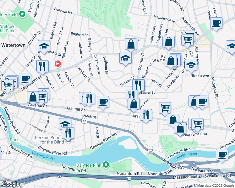 map of restaurants, bars, coffee shops, grocery stores, and more near 129 Spruce Street in Watertown
