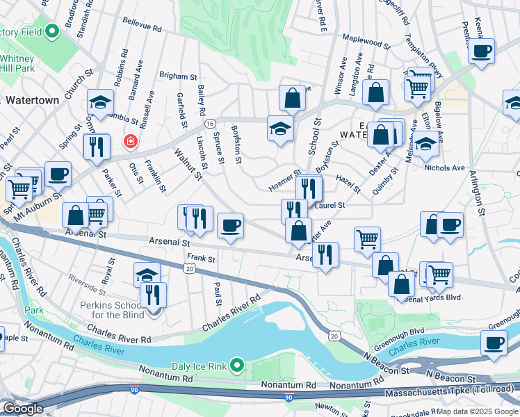 map of restaurants, bars, coffee shops, grocery stores, and more near 129 Spruce Street in Watertown