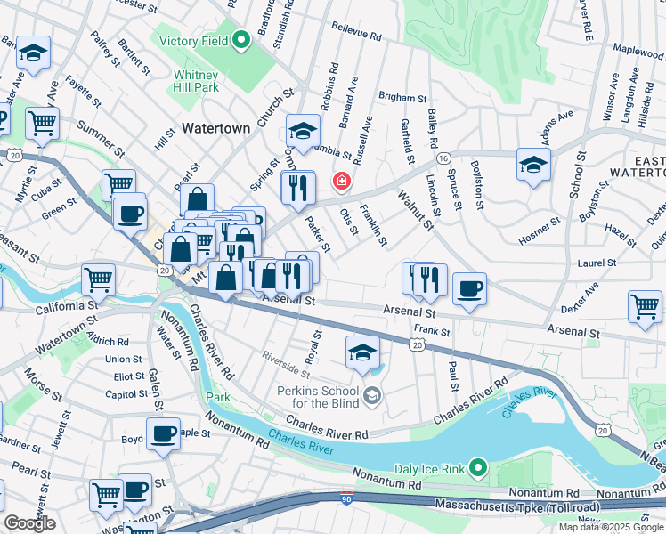 map of restaurants, bars, coffee shops, grocery stores, and more near 44 Washburn Street in Watertown