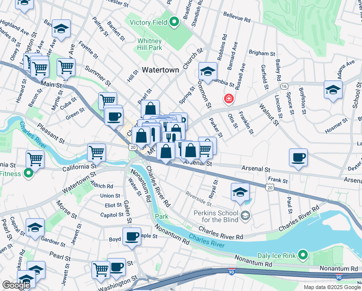 map of restaurants, bars, coffee shops, grocery stores, and more near 15 Patten Street in Watertown