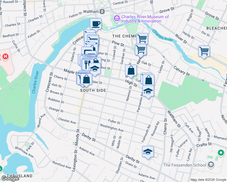 map of restaurants, bars, coffee shops, grocery stores, and more near 92 Myrtle Street in Waltham