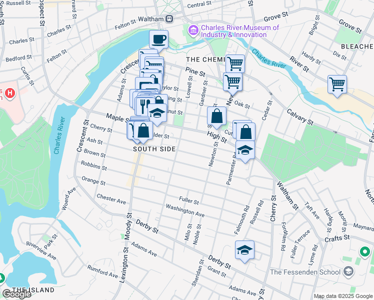 map of restaurants, bars, coffee shops, grocery stores, and more near 92 Myrtle Street in Waltham