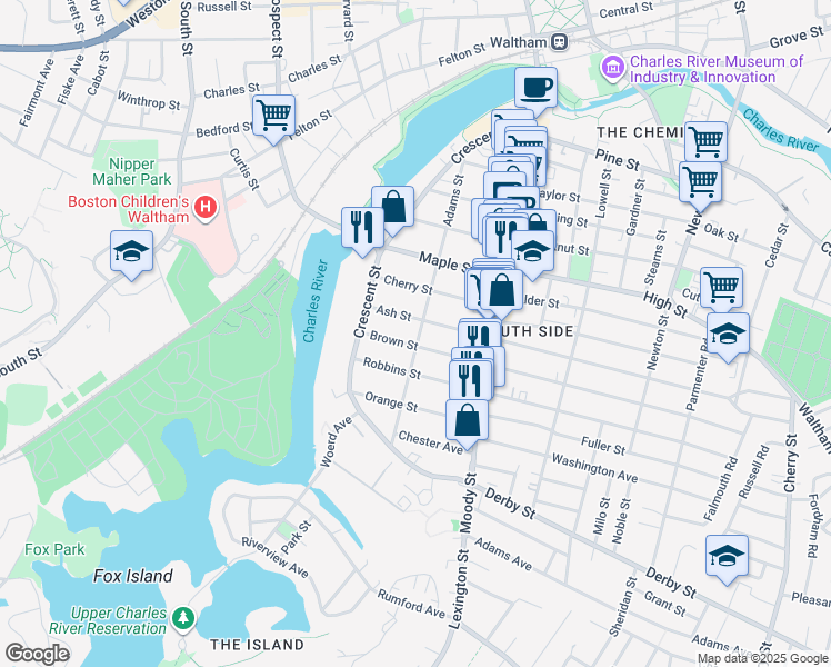 map of restaurants, bars, coffee shops, grocery stores, and more near 149 Adams Street in Waltham