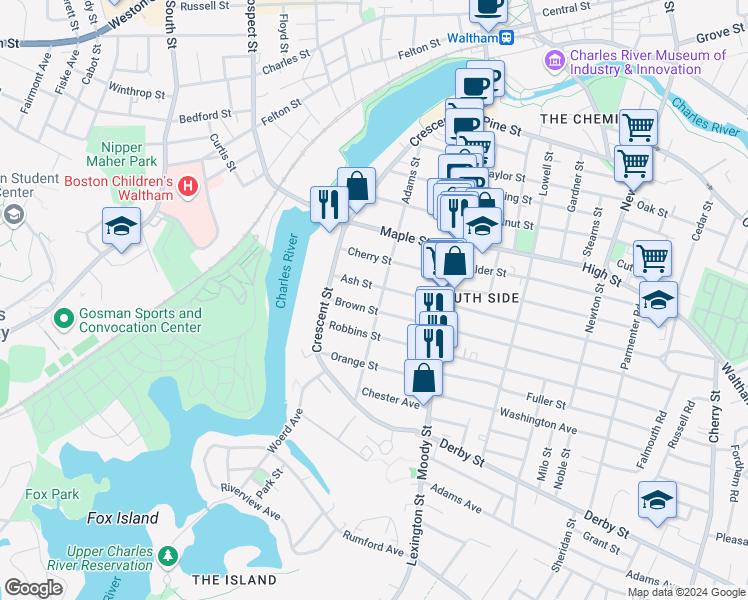 map of restaurants, bars, coffee shops, grocery stores, and more near 149 Adams Street in Waltham