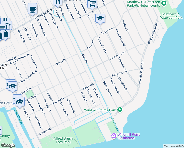 map of restaurants, bars, coffee shops, grocery stores, and more near 362 Alter Road in Detroit